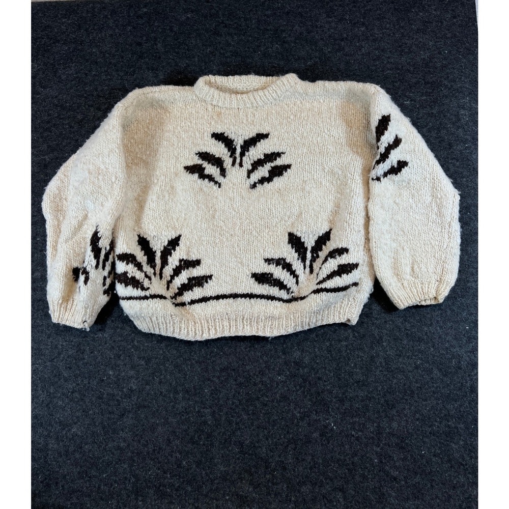 VTG 1960s Cowichan Sweater Women XL Cream Chunky Boat Knit Leaf Cropped Pullover